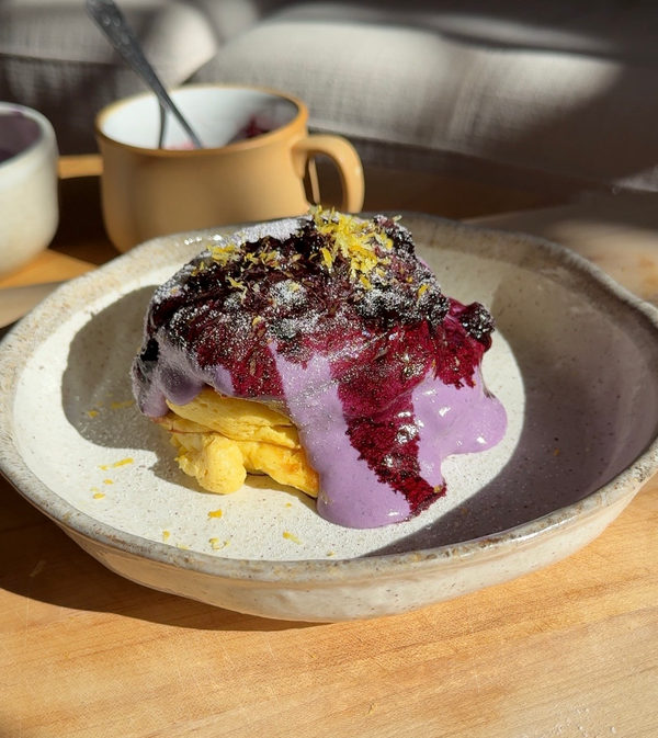 Lemon Soufflé pancakes with whipped wild blueberry ricotta